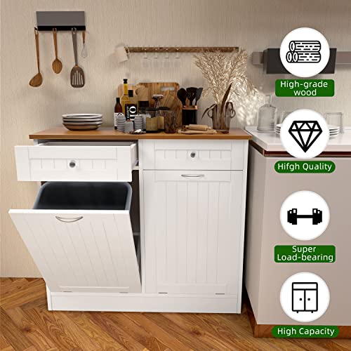 Double Kitchen Trash Cabinet, Dual Tilt Out Trash Cabinet with Two Wood Hideaway Trash Holder Drawers, Free Standing Wooden Kitchen Trash Can Recycling Cabinet Trash Can Holder