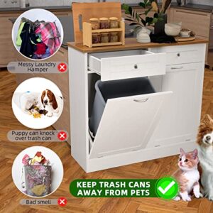 Double Kitchen Trash Cabinet, Dual Tilt Out Trash Cabinet with Two Wood Hideaway Trash Holder Drawers, Free Standing Wooden Kitchen Trash Can Recycling Cabinet Trash Can Holder