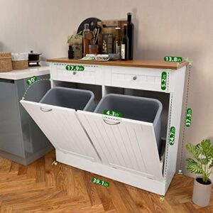 Double Kitchen Trash Cabinet, Dual Tilt Out Trash Cabinet with Two Wood Hideaway Trash Holder Drawers, Free Standing Wooden Kitchen Trash Can Recycling Cabinet Trash Can Holder