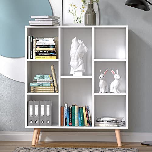 Cozy Castle White Small Bookshelf, Wood 8 Cube Storage Organizer Book Shelves with Anti-Tilt Device, Freestanding Modern Bookcase for Bedroom, Office, Living Room