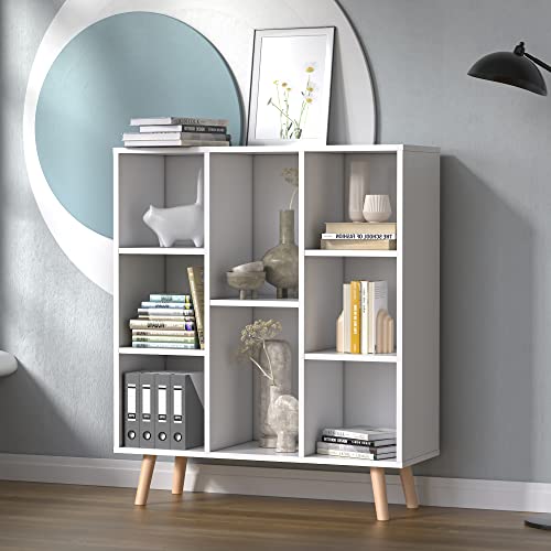 Cozy Castle White Small Bookshelf, Wood 8 Cube Storage Organizer Book Shelves with Anti-Tilt Device, Freestanding Modern Bookcase for Bedroom, Office, Living Room