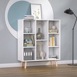 Cozy Castle White Small Bookshelf, Wood 8 Cube Storage Organizer Book Shelves with Anti-Tilt Device, Freestanding Modern Bookcase for Bedroom, Office, Living Room