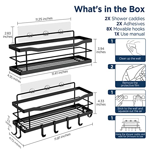 Wekin Shower Caddy Bathroom Organizer, Wall Mount Shower Organizer with Hooks, No Drilling Rustproof Stainless Steel Self-Adhesive Shower Shelves for Bathroom and Kitchen Storage Matte Black 2 Pack