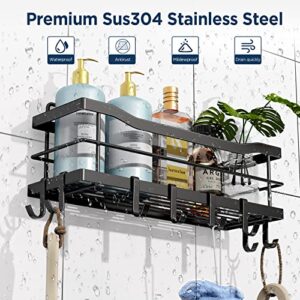 Wekin Shower Caddy Bathroom Organizer, Wall Mount Shower Organizer with Hooks, No Drilling Rustproof Stainless Steel Self-Adhesive Shower Shelves for Bathroom and Kitchen Storage Matte Black 2 Pack