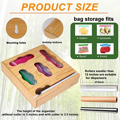 【2022-NEW】TBSTBIEE Ziplock Bag Organizer with Foil and Plastic Wrap Organizer, 5 in 1 Bamboo Baggie Organizer Wrap Dispenser for Gallon, Quart, Sandwich, Snack, Plastic Wrap, and Aluminum Foil