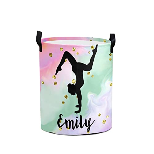 Grandkli Gold Dots Gymnast Personalized Freestanding Laundry Hamper, Custom Waterproof Collapsible Drawstring Basket Storage Bins with Handle for Clothes, Toy, 50cm x 36cm