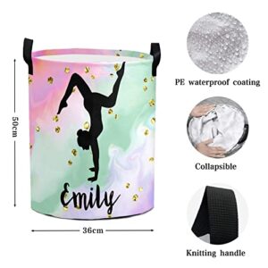 Grandkli Gold Dots Gymnast Personalized Freestanding Laundry Hamper, Custom Waterproof Collapsible Drawstring Basket Storage Bins with Handle for Clothes, Toy, 50cm x 36cm