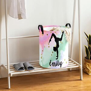 Grandkli Gold Dots Gymnast Personalized Freestanding Laundry Hamper, Custom Waterproof Collapsible Drawstring Basket Storage Bins with Handle for Clothes, Toy, 50cm x 36cm