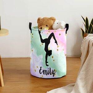 Grandkli Gold Dots Gymnast Personalized Freestanding Laundry Hamper, Custom Waterproof Collapsible Drawstring Basket Storage Bins with Handle for Clothes, Toy, 50cm x 36cm