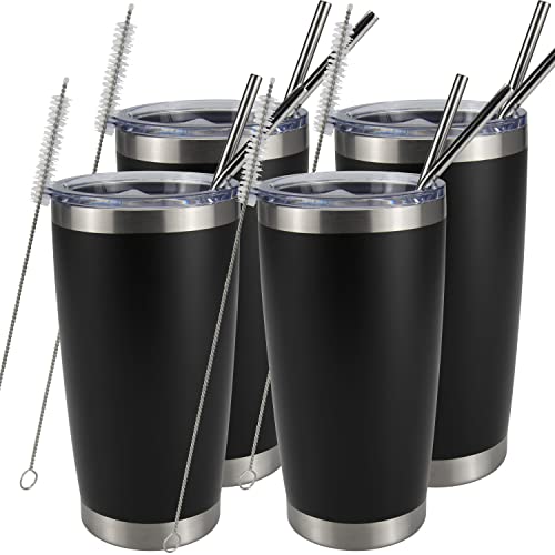 Kmass kmax 4pack 20oz Stainless Steel Vacuum Insulated Travel Cup with Lids and Straws and Cleaning Brush Double Wall Travel mug Coffee Cup Stainless Steel Tumblers for Home, Office (Black)