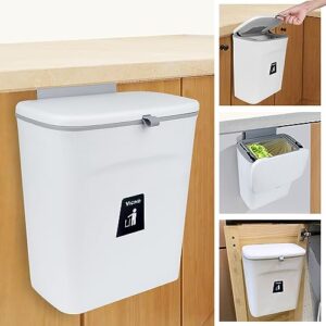 vigind 9l/2.4 gallon hanging trash can for kitchen cabinet door with lid, small under sink garbage can,trash bin for bathroom, wall mounted counter waste compost bin, plastic  (white)