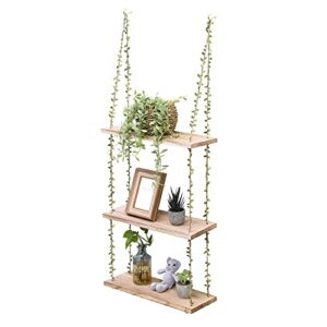 mitime hanging shelves for wall,3 tier window wall hanging shelf for plant photo frames decorations display decor, green leaf rope farmhouse wooden floating small bookshelves (light color, 3 tier)