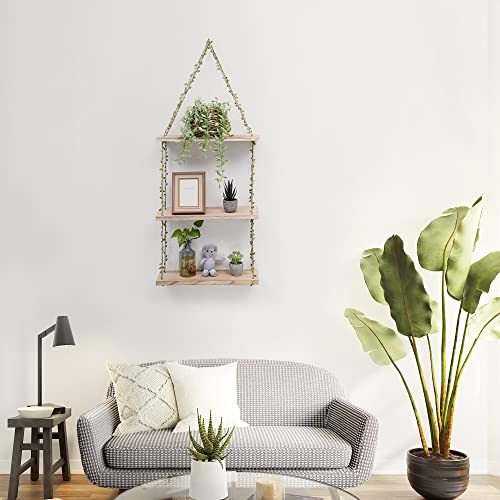 MITIME Hanging Shelves for Wall,3 Tier Window Wall Hanging Shelf for Plant Photo Frames Decorations Display Decor, Green Leaf Rope Farmhouse Wooden Floating Small Bookshelves (Light Color, 3 Tier)