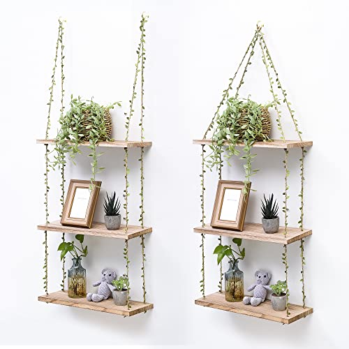MITIME Hanging Shelves for Wall,3 Tier Window Wall Hanging Shelf for Plant Photo Frames Decorations Display Decor, Green Leaf Rope Farmhouse Wooden Floating Small Bookshelves (Light Color, 3 Tier)