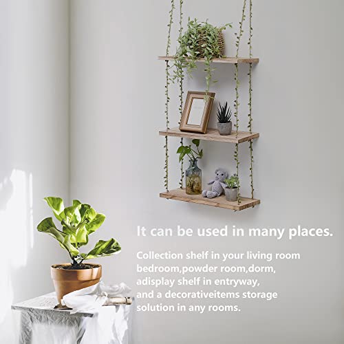 MITIME Hanging Shelves for Wall,3 Tier Window Wall Hanging Shelf for Plant Photo Frames Decorations Display Decor, Green Leaf Rope Farmhouse Wooden Floating Small Bookshelves (Light Color, 3 Tier)