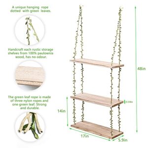 MITIME Hanging Shelves for Wall,3 Tier Window Wall Hanging Shelf for Plant Photo Frames Decorations Display Decor, Green Leaf Rope Farmhouse Wooden Floating Small Bookshelves (Light Color, 3 Tier)