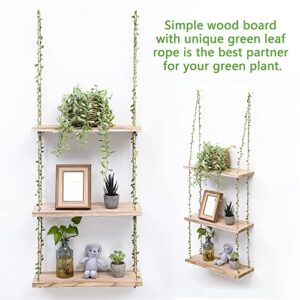 MITIME Hanging Shelves for Wall,3 Tier Window Wall Hanging Shelf for Plant Photo Frames Decorations Display Decor, Green Leaf Rope Farmhouse Wooden Floating Small Bookshelves (Light Color, 3 Tier)