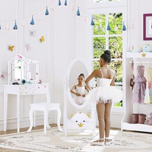 UTEX Kids Full Length Mirror, Kids Free-Standing Dressing Mirror with Adjustable Viewed, Wooden Mirror with Storage for 3-7 Years Old, White