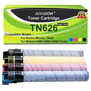 juyudow toner cartridge compatible for konica minolta tn626 tn-626 for bizhub c450i c550i c650i (4 pack, bk, c, y, m) part#: acv1130 acv1230 acv1330 acv1430 high yield 28000 pages