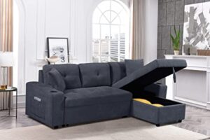 longrune modern velvet sectional convertible with 2 cupholders and two side pockets,reversible pull out couch storage chaise lounge for living room apartment, dark gray