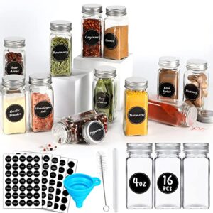 aurotrends spice jars with label 4oz 16pcs, 4oz spice containers complete set, square glass spice jars with shaker lids- seasoning jars| preprinted labels & blank labels| chalk marker| brush| funnel