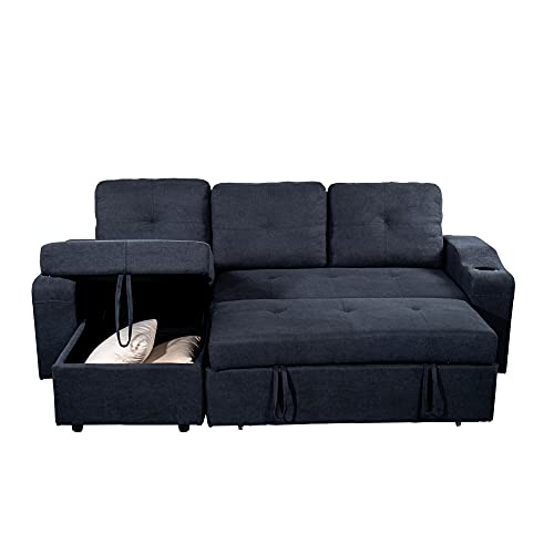 kupet Reversible Sectional Sofa with Pull-Out Bed and Storage Chaise, Convertible Velvet L Shaped Couches w/2 Cup-Holders and Two Side Pockets, for Living Room Apartment, Dark Gray