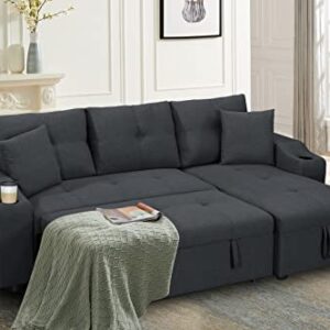 kupet Reversible Sectional Sofa with Pull-Out Bed and Storage Chaise, Convertible Velvet L Shaped Couches w/2 Cup-Holders and Two Side Pockets, for Living Room Apartment, Dark Gray