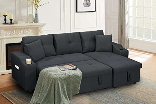 kupet Reversible Sectional Sofa with Pull-Out Bed and Storage Chaise, Convertible Velvet L Shaped Couches w/2 Cup-Holders and Two Side Pockets, for Living Room Apartment, Dark Gray