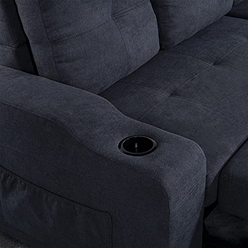 kupet Reversible Sectional Sofa with Pull-Out Bed and Storage Chaise, Convertible Velvet L Shaped Couches w/2 Cup-Holders and Two Side Pockets, for Living Room Apartment, Dark Gray