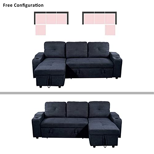 kupet Reversible Sectional Sofa with Pull-Out Bed and Storage Chaise, Convertible Velvet L Shaped Couches w/2 Cup-Holders and Two Side Pockets, for Living Room Apartment, Dark Gray