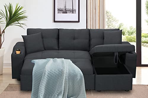 kupet Reversible Sectional Sofa with Pull-Out Bed and Storage Chaise, Convertible Velvet L Shaped Couches w/2 Cup-Holders and Two Side Pockets, for Living Room Apartment, Dark Gray
