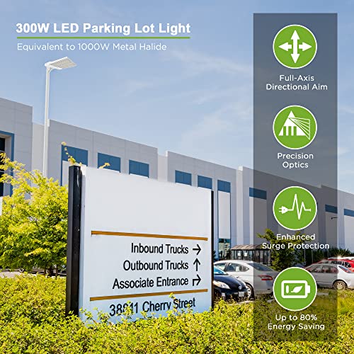 300W LED Parking Lot Light with Dusk to Dawn Photocell Adjustable Slip Fitter Mount LED Shoebox Light for Tennis Court Parking Lot Roadways ETL Certified 0-10V Dimmable 5000K 42000LM White 1PACK