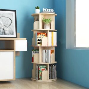 myoyay 4-tier solid wood bookshelf floor standing bookcase 360° rotation book storage cabinet magazines potted plants display stand holds up to 200 books study office home decoration