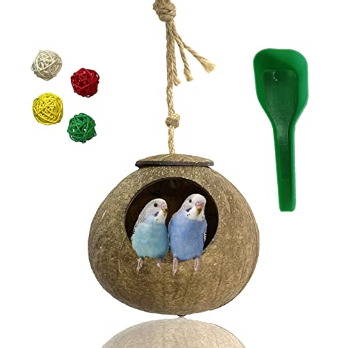 kathson Natural Coconut Shell Bird Nest,Hanging Coco Birds House,Parrots Hide Hut Habitats Decor,Parrot Cage Accessories for Lovebirds Cockatiel Canary Budgies,Feeder Spoon,4 Toy Balls(6 Pcs)