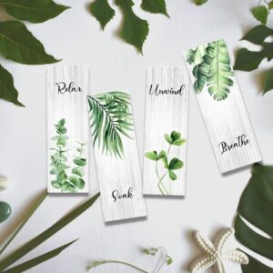 Creoate Bathroom Wall Decor 4 Pieces Relax Soak Unwind Breathe Sign Green Wall Decor with Botanical Leaf Art Print Set, Wood Plaque Hanging Decor for Bathroom Decor, Small 4 x 12 Inch x4pcs