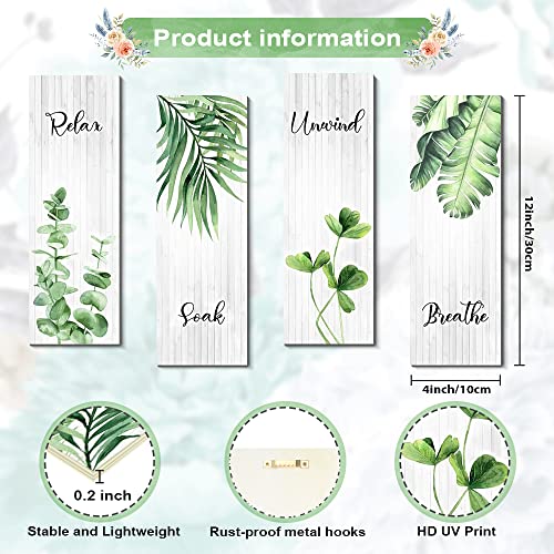 Creoate Bathroom Wall Decor 4 Pieces Relax Soak Unwind Breathe Sign Green Wall Decor with Botanical Leaf Art Print Set, Wood Plaque Hanging Decor for Bathroom Decor, Small 4 x 12 Inch x4pcs