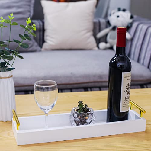 Hanobe Rectangle Long Narrow Tray: Decorative Trays Rectangular Candle Holder Trays for Home Decor White Centerpiece Tray Decor Serving Tray with Gold Handles for Dining Table Coffee Bar Living Room