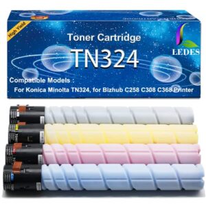 ledes high yield 4 pack tn324 toner cartridge replacement for konica minolta tn-324 tn 324 compatible with bizhub c258 c308 c368 printer a8da130 a8da230 a8da330 a8da430 (28000 pages, bk, c, m, y)
