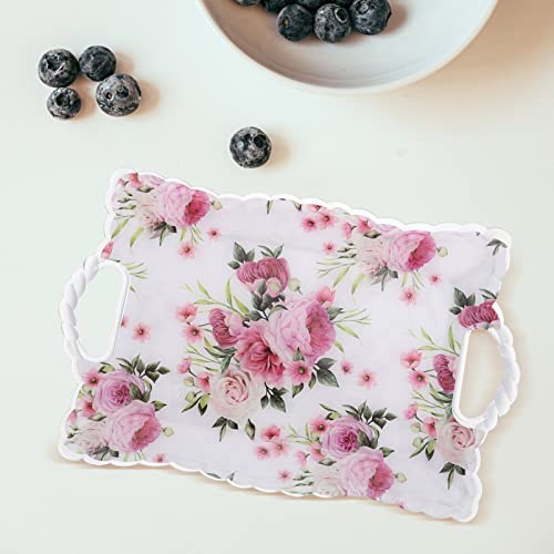 Cabilock Square Food Tray with Handle Floral Pattern Fruit Plate Snack Dessert Tray Pastry Plate Spill Proof Plastic Serving Tray Food Veggie Fruit Coffee Organizer Tray for Kitchen Bathroom Home