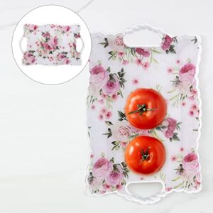 Cabilock Square Food Tray with Handle Floral Pattern Fruit Plate Snack Dessert Tray Pastry Plate Spill Proof Plastic Serving Tray Food Veggie Fruit Coffee Organizer Tray for Kitchen Bathroom Home