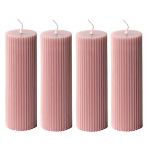 ribbed pillar candles 2x6'' fluted column modern home décor soy wax handmade (4 packs, pink taupe)