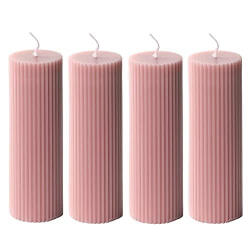 Ribbed Pillar Candles 2x6'' Fluted Column Modern Home Décor Soy Wax Handmade (4 Packs, Pink Taupe)