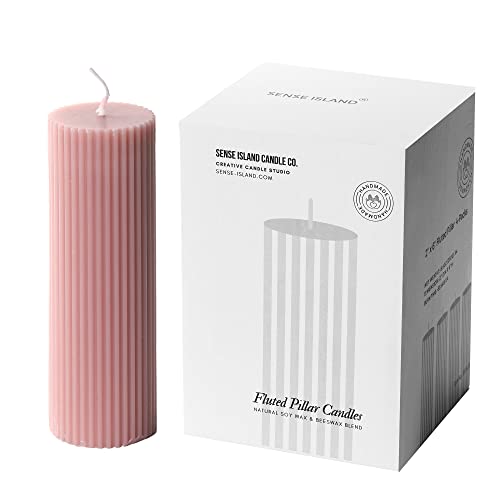 Ribbed Pillar Candles 2x6'' Fluted Column Modern Home Décor Soy Wax Handmade (4 Packs, Pink Taupe)