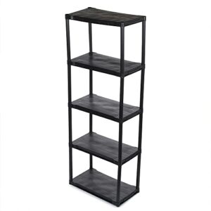 home basics 5 tier plastic shelf, black | easy to assemble | solid tier shelves | durable resin material