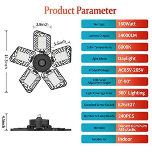 LED Garage Lights, Deformable LED Garage Ceiling Lights with 5 Adjustable Multi-Position Panels, 160W 14000LM Super Bright Garage Light Bulbs, LED Shop Lights for Garage Workshop Basement Attic