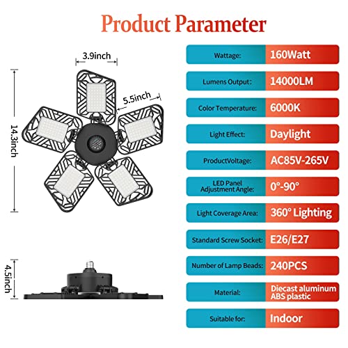 LED Garage Lights, Deformable LED Garage Ceiling Lights with 5 Adjustable Multi-Position Panels, 160W 14000LM Super Bright Garage Light Bulbs, LED Shop Lights for Garage Workshop Basement Attic