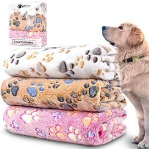 dog blankets for large dogs, 3 pack dog blanket washable 41" x 31", fuzzy soft pet mat throw cover for kennel crate bed, cute paw pattern,waterproof cat blanket, blankets for dogs, pet blanket