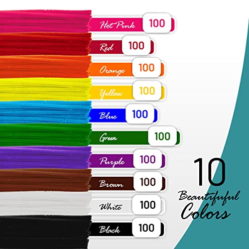 Pipe Cleaners- 1000 Pc. Pipe Cleaner 10 Assorted Colors Chenille Stems, Pipe Cleaners Craft, Fuzzy Sticks Great Craft Supplies DIY Art & Craft Projects| 6mm x12 inch