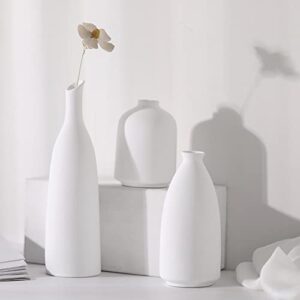 white ceramic vase for decor, small flower vases set - 3 for rustic home decor, modern farmhouse decor, living room decor, book shelf, mantel and minimalism dining coffee table decor