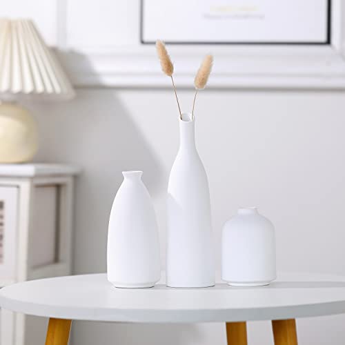 White Ceramic Vase for Decor, Small Flower Vases Set - 3 for Rustic Home Decor, Modern Farmhouse Decor, Living Room Decor, Book Shelf, Mantel and Minimalism Dining Coffee Table Decor